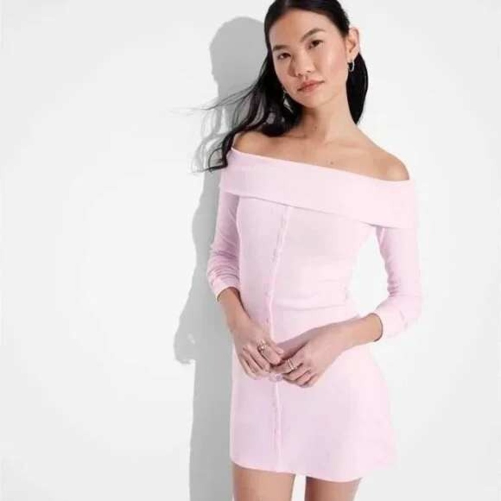 Wild Fable Womens Pink Ribbed‎ Off Shoulder Long Sleeve Button Front Dress XS
